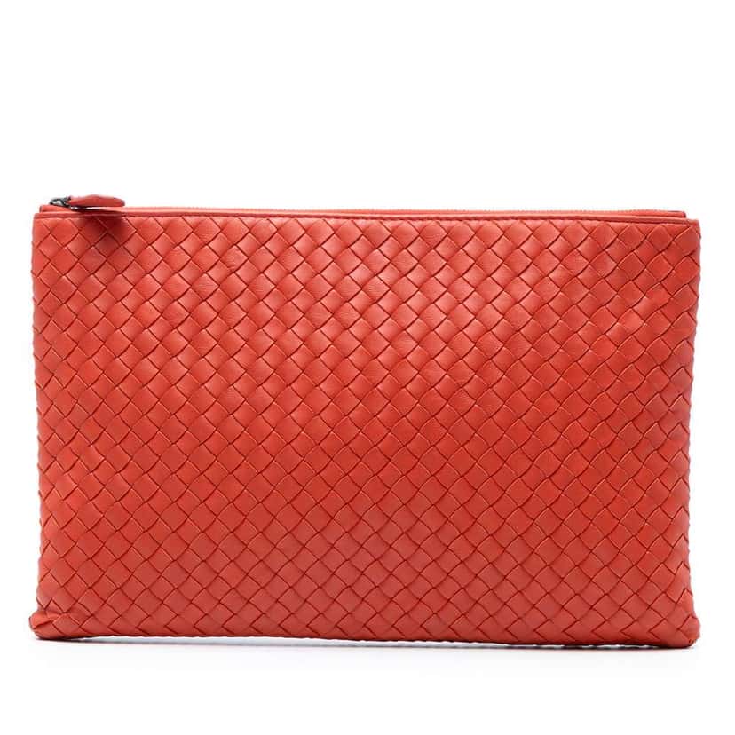 Bottega Veneta Nappa Intrecciato Clutch Red Leather Good condition - Front View