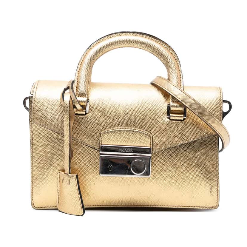 Prada Mini Metallic Saffiano Sound Lock Satchel Gold Leather Good condition - Front View