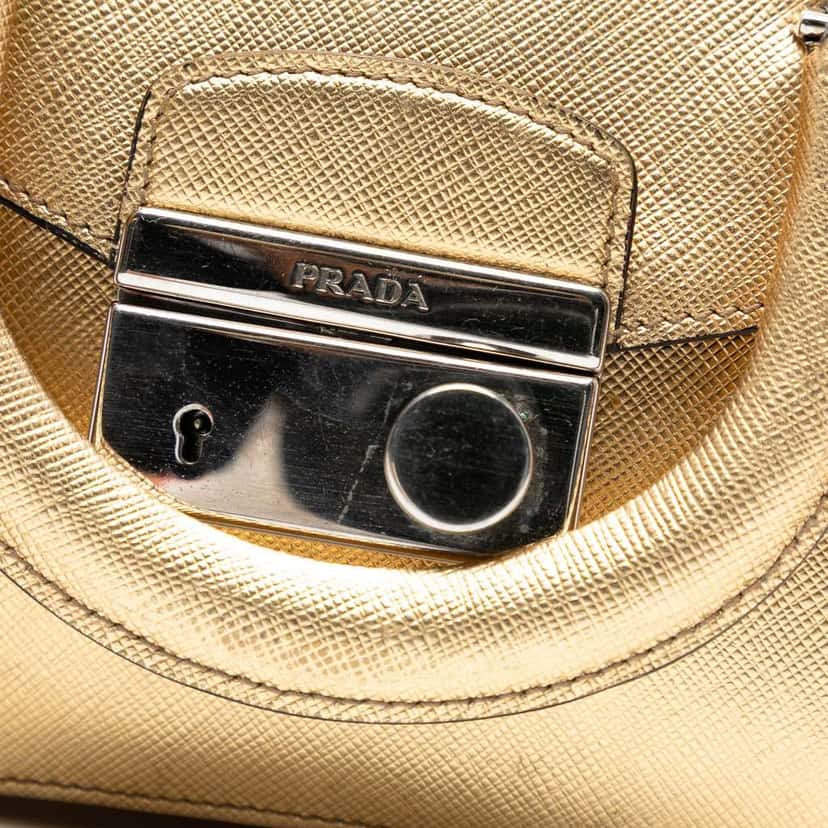 Prada Mini Metallic Saffiano Sound Lock Satchel Gold Leather Good condition - Box View