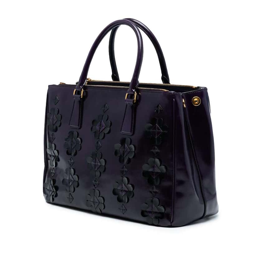 Prada Medium Spazzolato Flowers Galleria Double Zip Satchel Purple Leather Good condition - Back View