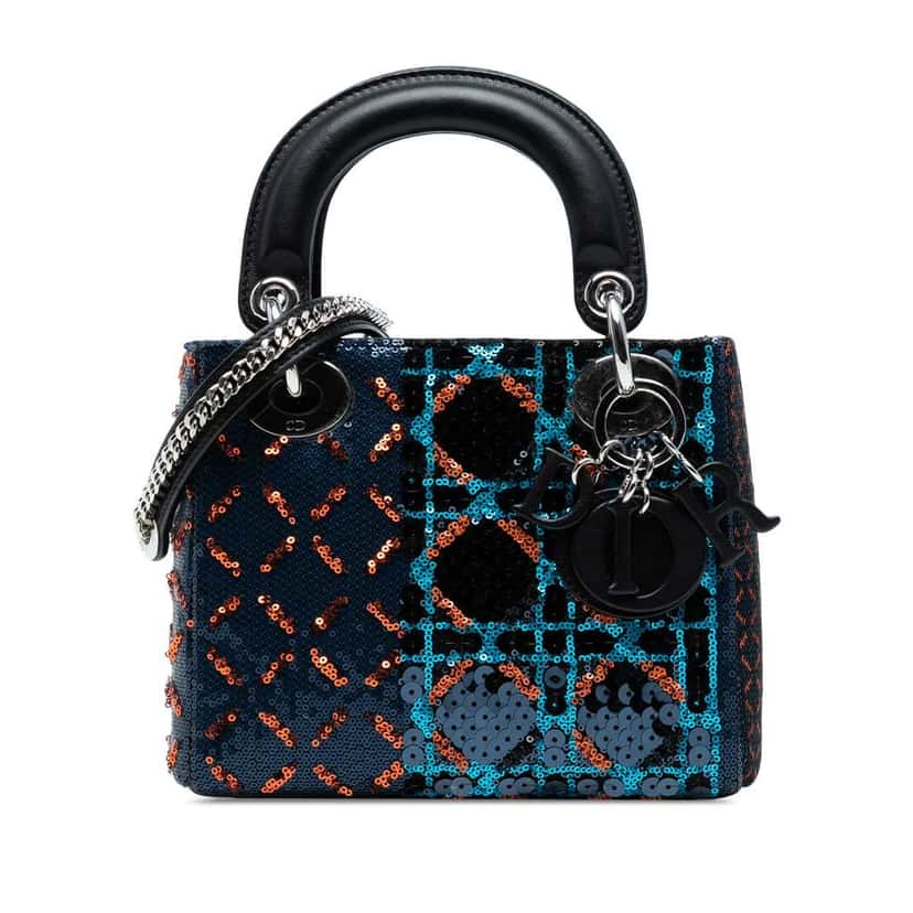 Dior Mini Calfskin Cannage Sequin Lady Dior Blue Leather Good condition - Front View