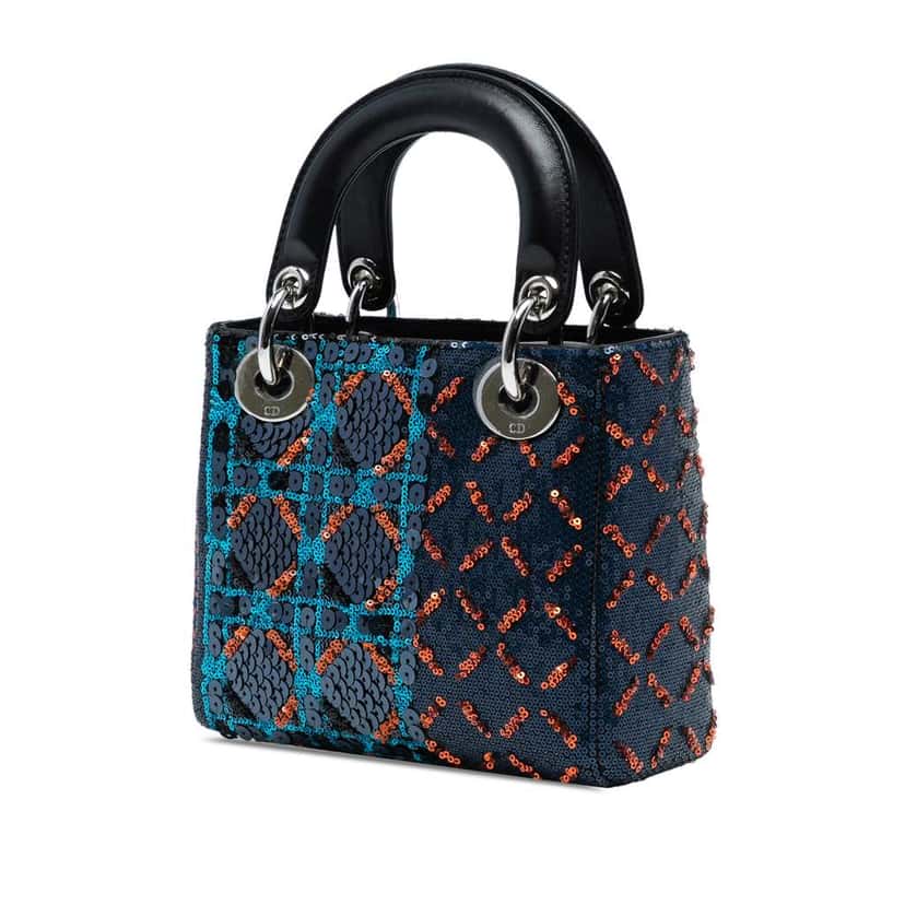Dior Mini Calfskin Cannage Sequin Lady Dior Blue Leather Good condition - Back View