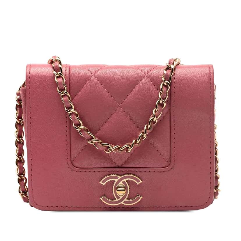 Chanel Quilted Sheepskin Mademoiselle Card Holder on Chain Pink Leather Good condition - Front View