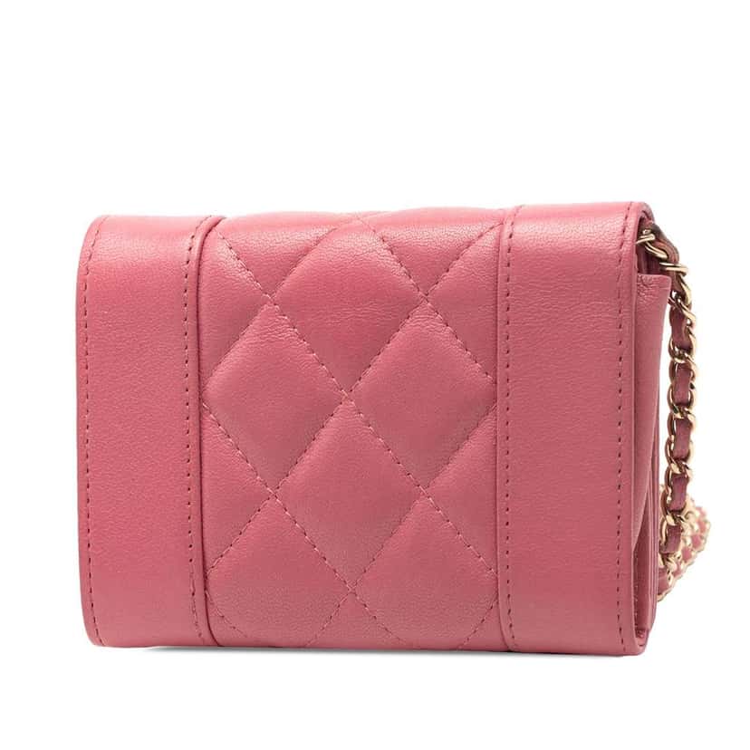 Chanel Quilted Sheepskin Mademoiselle Card Holder on Chain Pink Leather Good condition - Back View