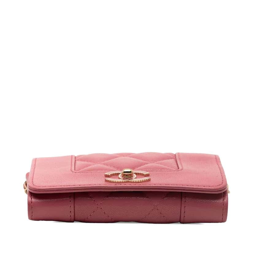 Chanel Quilted Sheepskin Mademoiselle Card Holder on Chain Pink Leather Good condition - Inside View