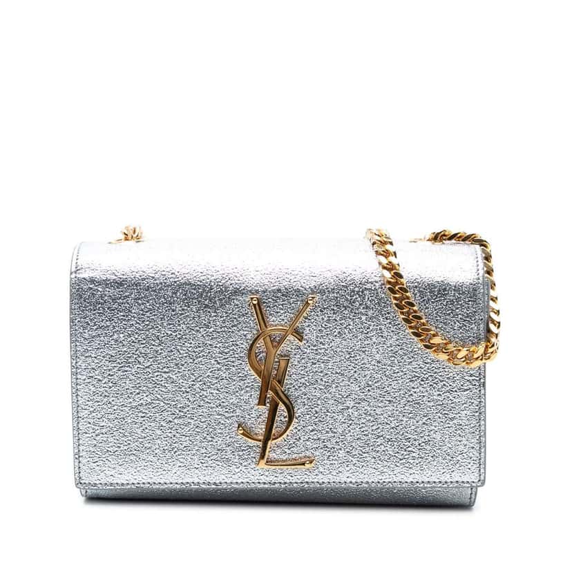 Saint Laurent Small Metallic Calfskin Classic Monogram Kate Crossbody Silver Leather Good condition - Front View