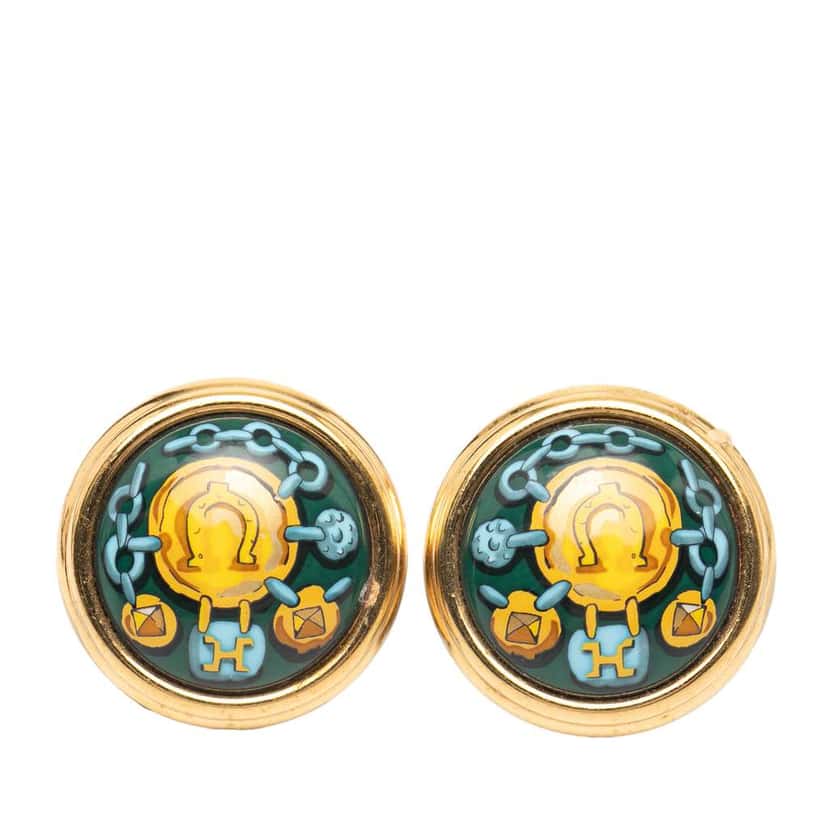 Hermès Enamel Cloisonne Clip on Earrings Green Good condition - Front View