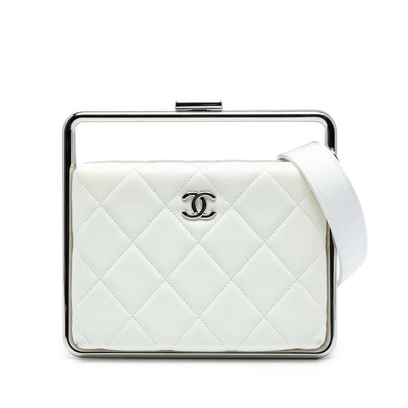 Chanel Quilted Lambskin Metal Bar Convertible Clutch White Leather Good condition - Front View