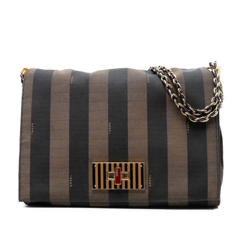 Fendi Large Canvas Pequin Claudia Shoulder Bag Brown Canvas Good condition - Front View