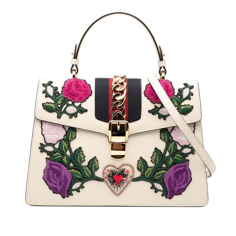 Gucci Medium Floral Embroidered Leather Sylvie Top Handle Bag White Leather Good condition - Front View