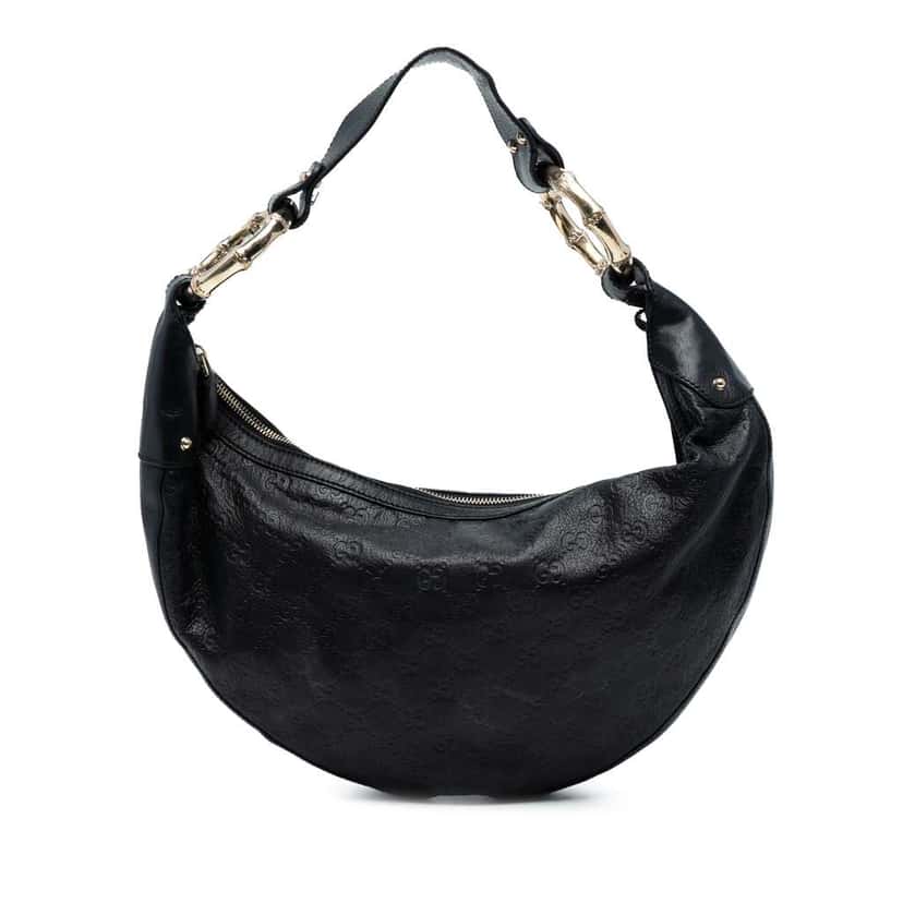 Gucci Guccissima Half Moon Bamboo Ring Hobo Black Leather Good condition - Front View
