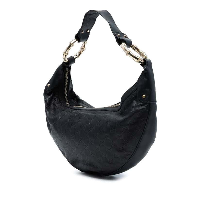 Gucci Guccissima Half Moon Bamboo Ring Hobo Black Leather Good condition - Back View