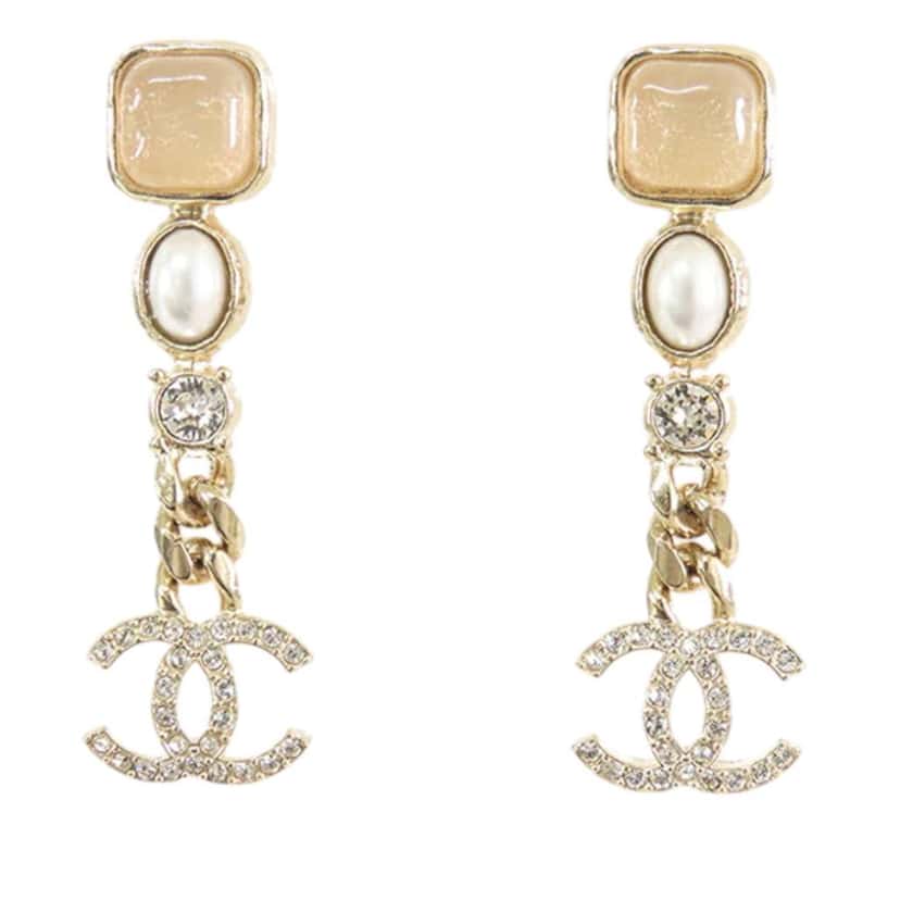Chanel CC Gold Plated Faux Pearl and Rhinestone Drop Earrings Gold Metal Good condition - Front View