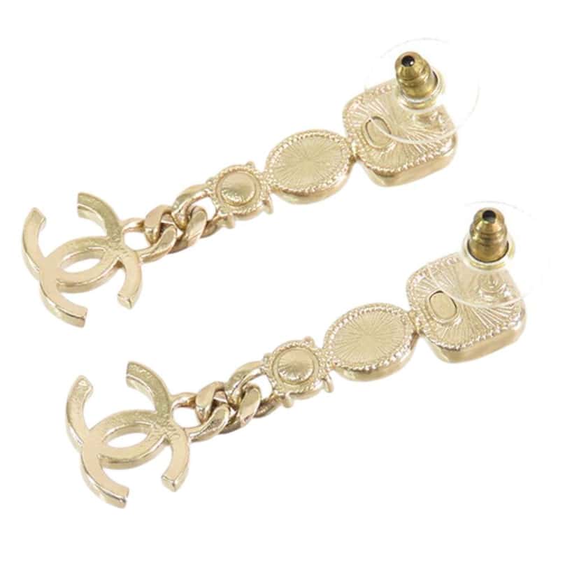 Chanel CC Gold Plated Faux Pearl and Rhinestone Drop Earrings Gold Metal Good condition - Back View