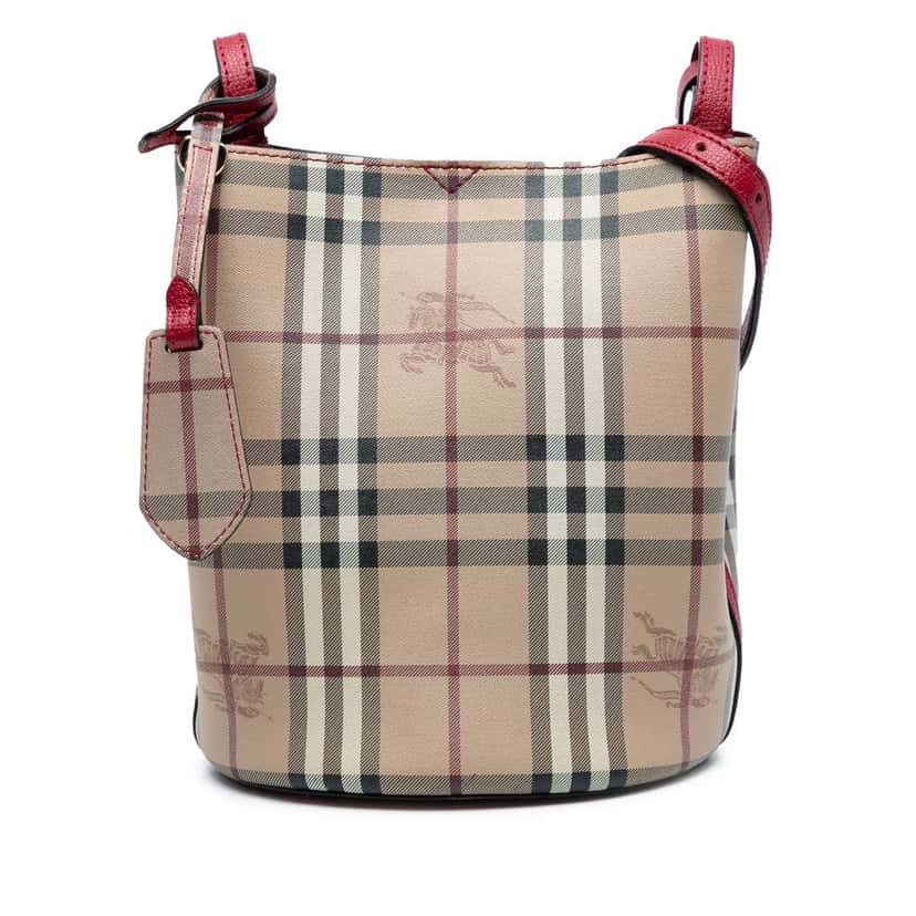 Burberry Haymarket Check Coated Canvas Lorne Bucket Bag Brown Canvas Good condition - Front View