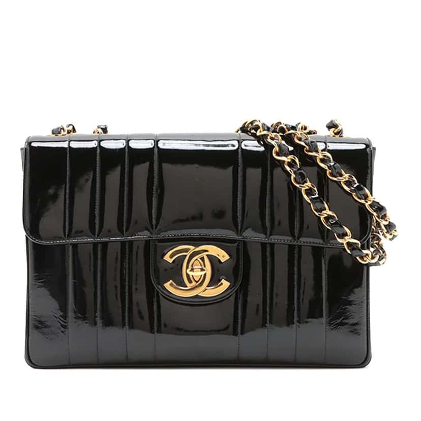 Chanel Jumbo Patent Vertical Quilt Mademoiselle Flap Black Leather Good condition - Front View