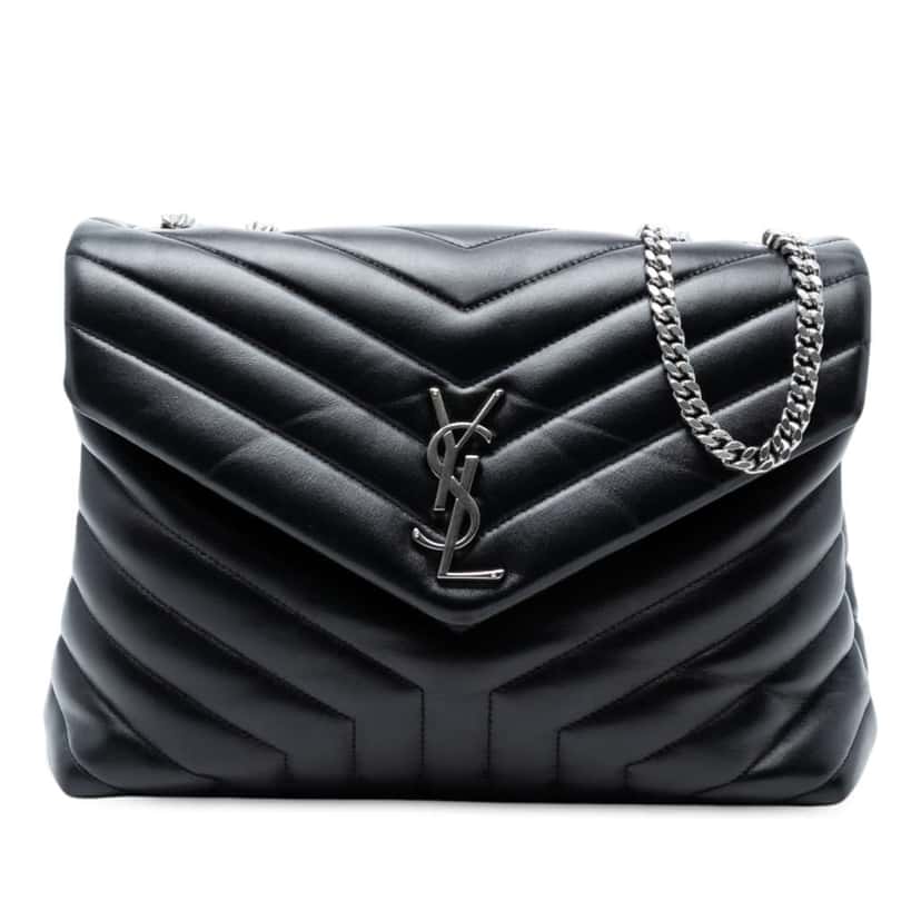 Saint Laurent Medium Chevron Leather Monogram LouLou Shoulder Bag Black Leather Good condition - Front View