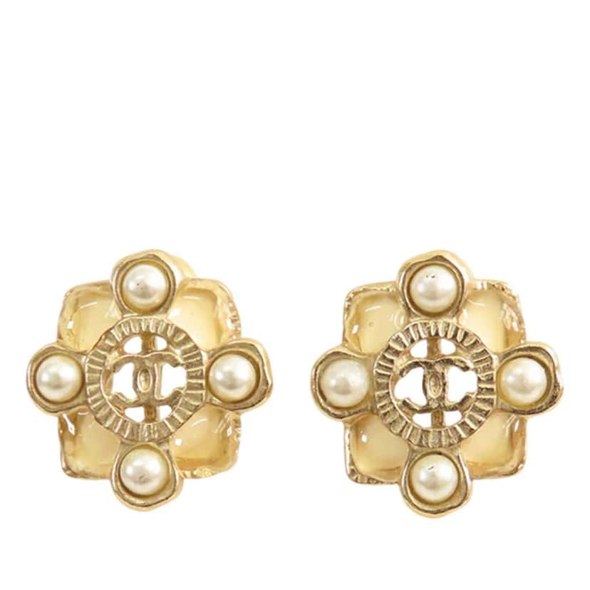 Chanel CC Gold Plated Resin and Faux Pearl Push Back Earrings Gold Metal Good condition - Front View