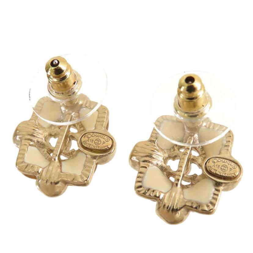 Chanel CC Gold Plated Resin and Faux Pearl Push Back Earrings Gold Metal Good condition - Back View