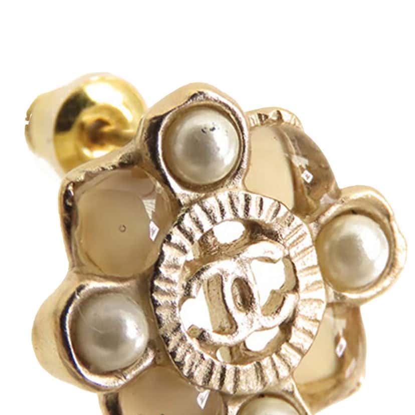 Chanel CC Gold Plated Resin and Faux Pearl Push Back Earrings Gold Metal Good condition - Inside View