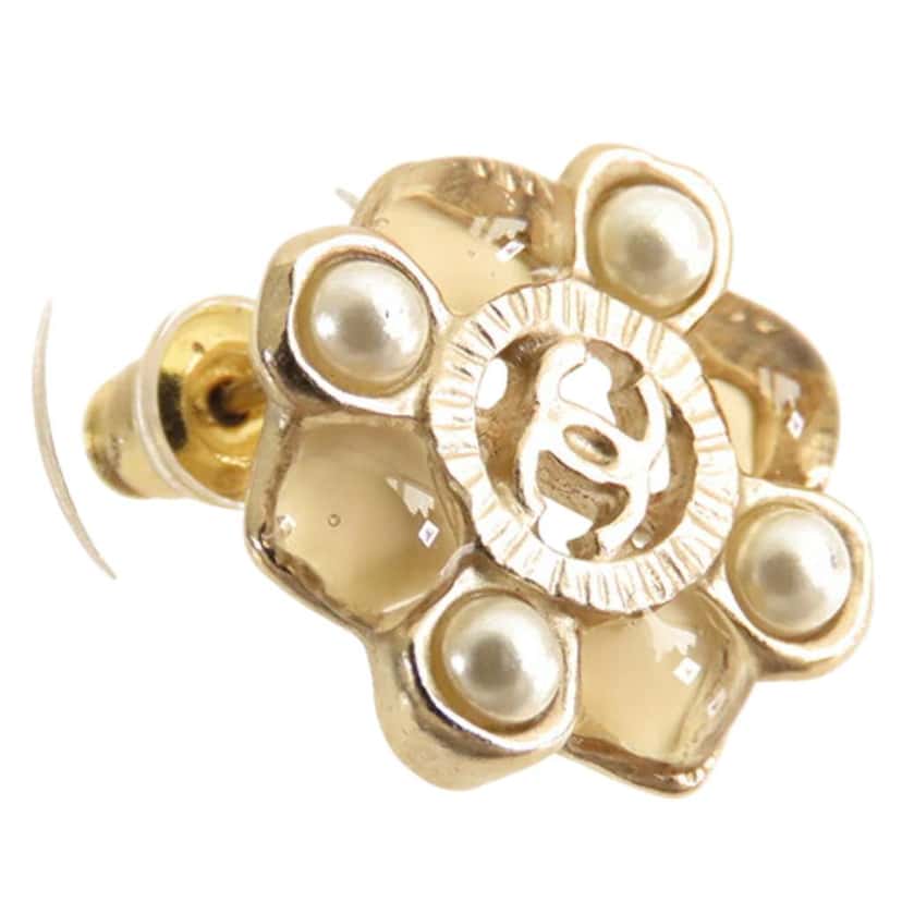 Chanel CC Gold Plated Resin and Faux Pearl Push Back Earrings Gold Metal Good condition - Box View