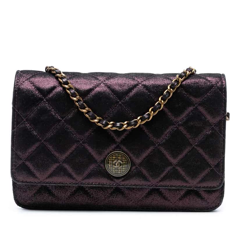 Chanel Quilted Iridescent Lambskin Tartan Button Wallet On Chain Purple Leather Good condition - Front View