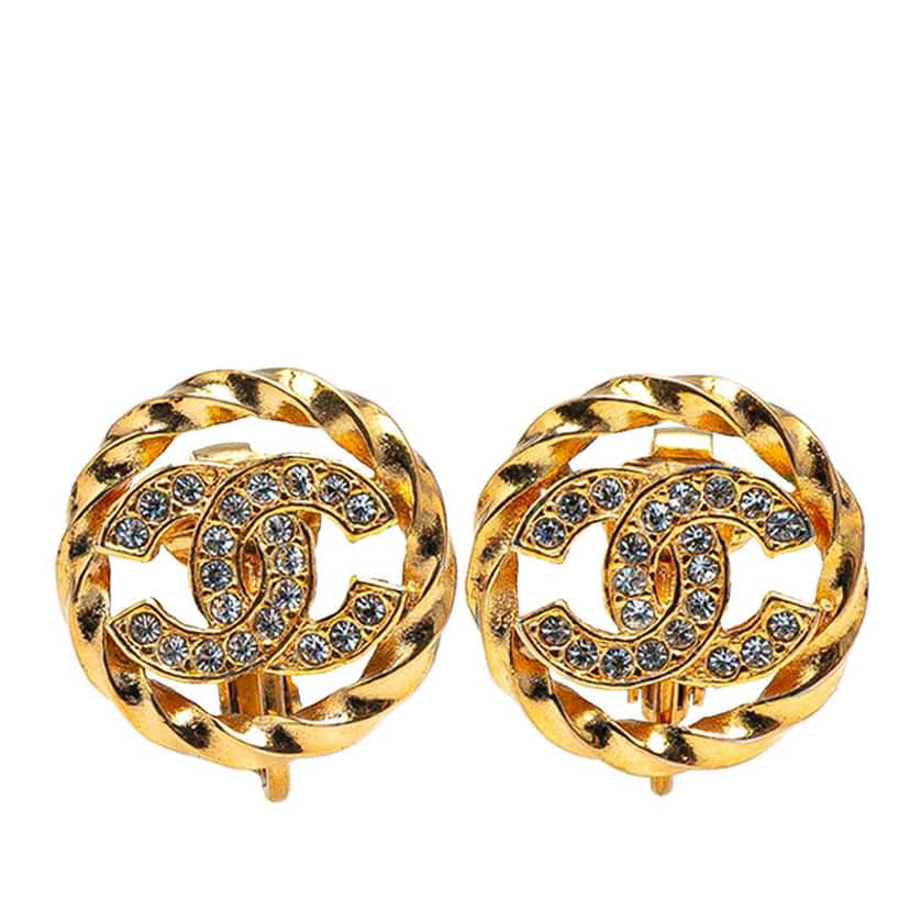 Chanel Gold Plated CC Crystal Clip On Earrings Gold Metal Good condition - Front View