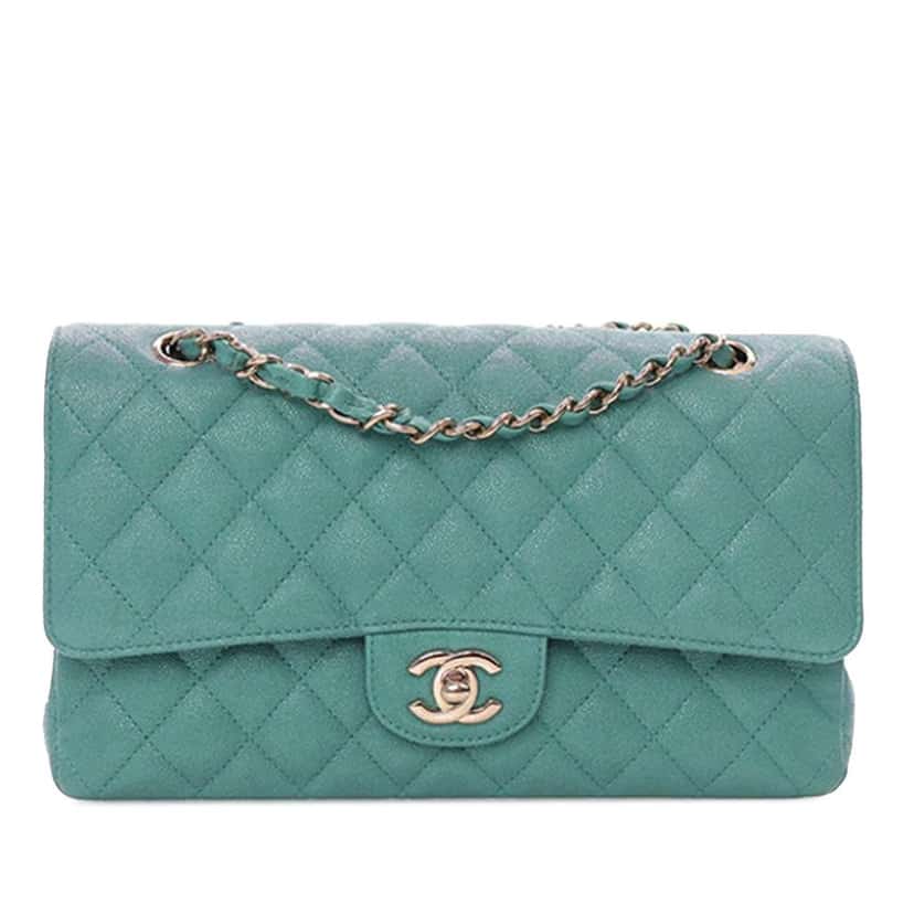 Chanel Medium Classic Iridescent Caviar Double Flap Blue Leather Good condition - Front View