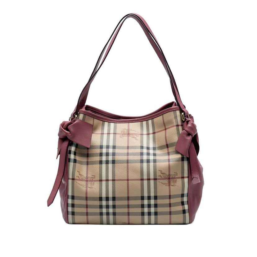 Burberry Small Leather Trimmed Haymarket Check Coated Canvas Canterbury Bow Tote Brown Canvas Good condition - Front View