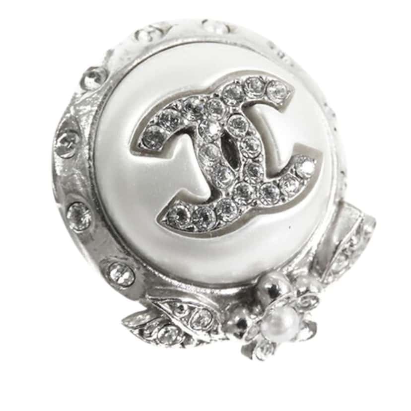Chanel CC Silver Plated Crystal and Faux Pearl Push Back Earrings Silver Metal Good condition - Inside View