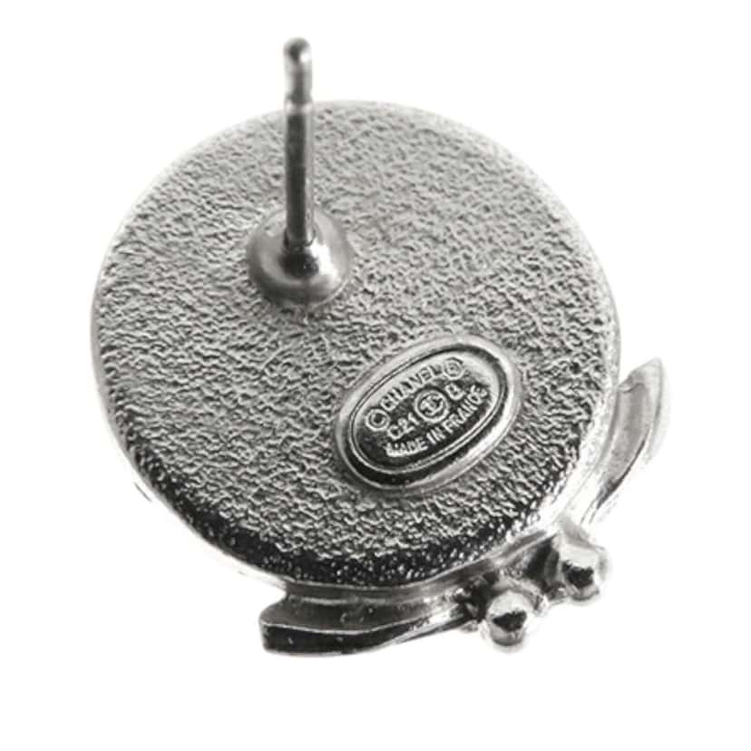 Chanel CC Silver Plated Crystal and Faux Pearl Push Back Earrings Silver Metal Good condition - Model View