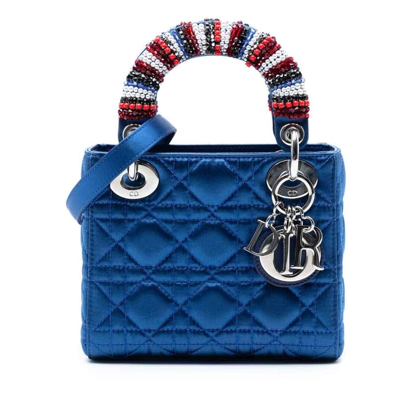 Dior Mini Satin Cannage Beaded Handle Lady Dior Blue Satin Good condition - Front View