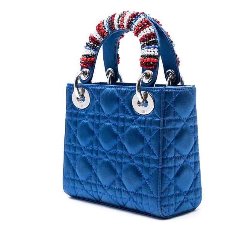 Dior Mini Satin Cannage Beaded Handle Lady Dior Blue Satin Good condition - Back View