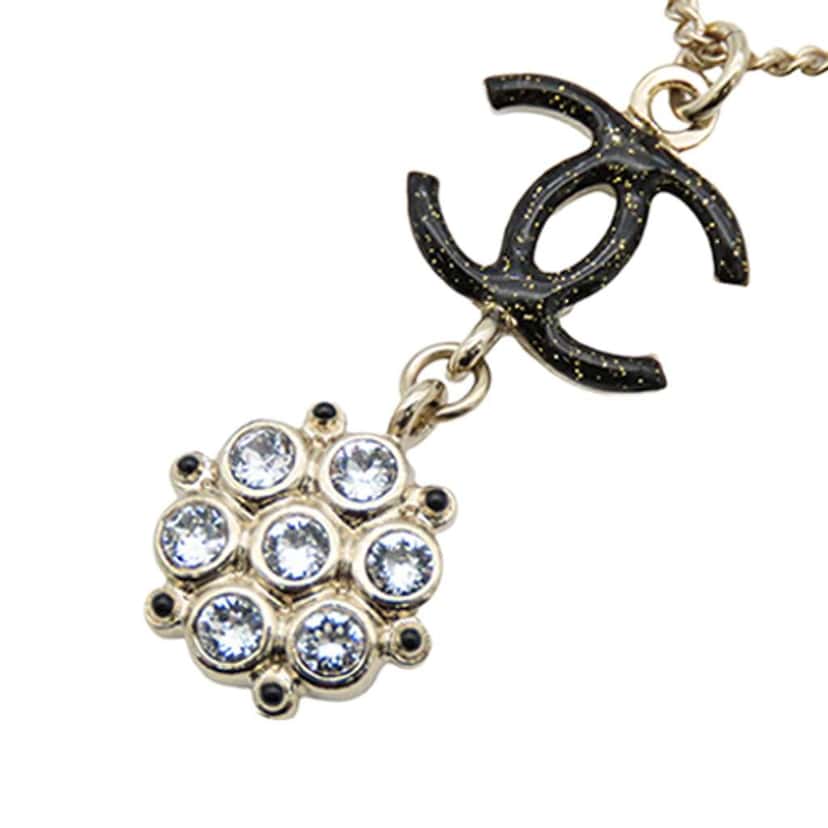 Chanel Gold Plated Enamel CC and Rhinestones Flower Pendant Necklace Gold Metal Good condition - Back View