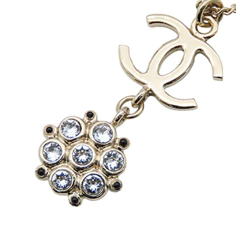 Chanel Gold Plated Enamel CC and Rhinestones Flower Pendant Necklace Gold Metal Good condition - Inside View