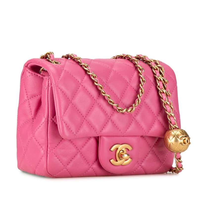 Chanel Mini Square Classic Lambskin Pearl Crush Single Flap Pink Leather Very good condition - Back View