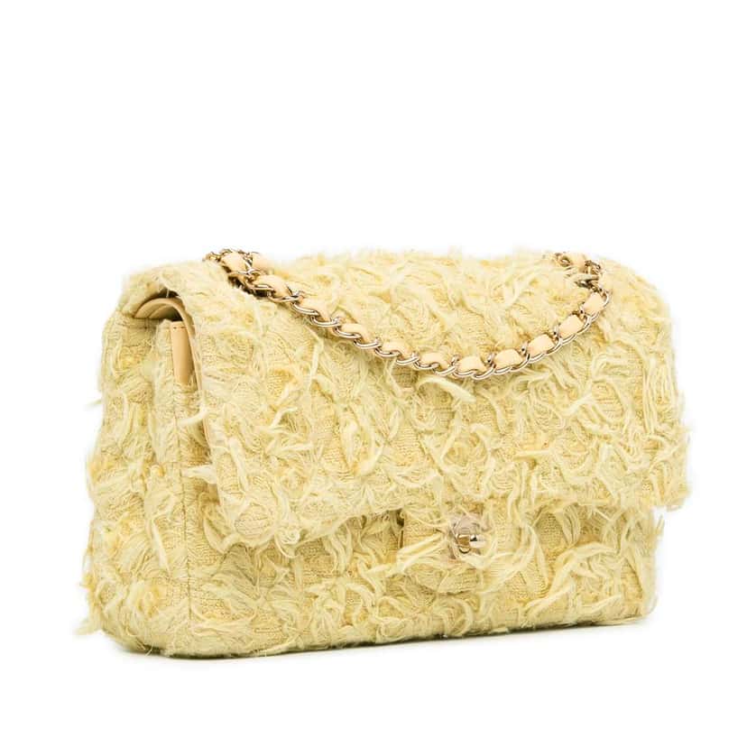 Chanel Medium Classic Fringed Tweed Double Flap Yellow Tweed Good condition - Back View