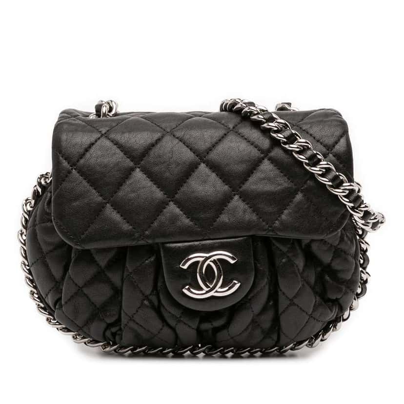 Chanel Mini Quilted Lambskin Chain Around Flap Black Leather Good condition - Front View