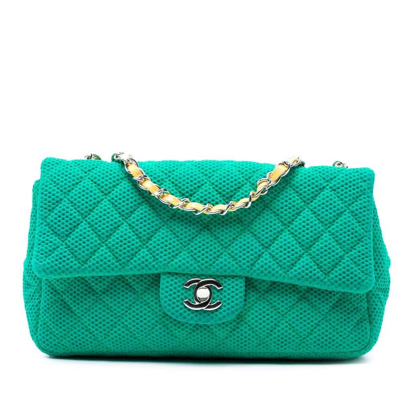 Chanel Medium Classic Mesh Single Flap Green Polyester Good condition - Front View