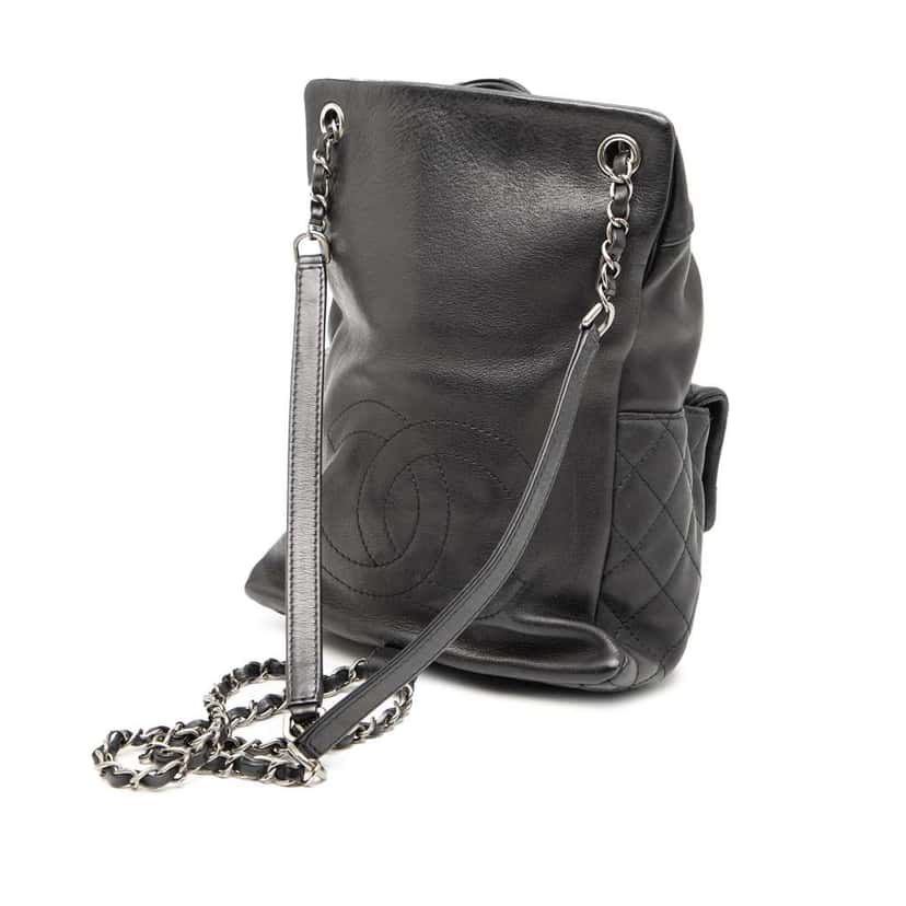Chanel Small CC Calfskin Drawstring Flap Backpack Black Leather Very good condition - Back View