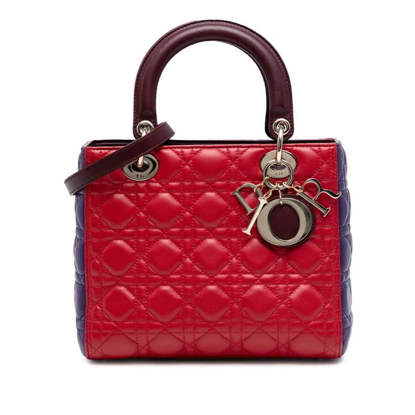 Dior Medium Tricolor Lambskin Cannage Lady Dior Red Leather Good condition - Front View