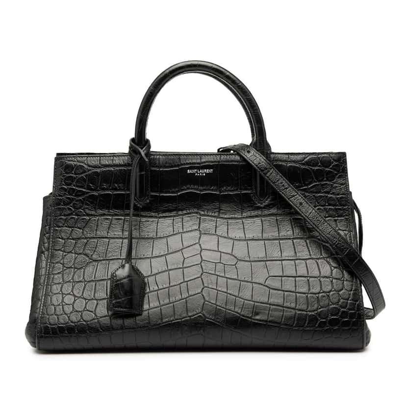 Saint Laurent Small Croc Embossed Calfskin Cabas Rive Gauche Satchel Black Leather Good condition - Front View