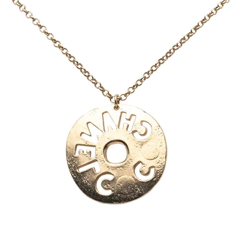 Chanel Gold Plated Faux Pearl and Rhinestone Logo Pendant Necklace Gold Metal Good condition - Back View