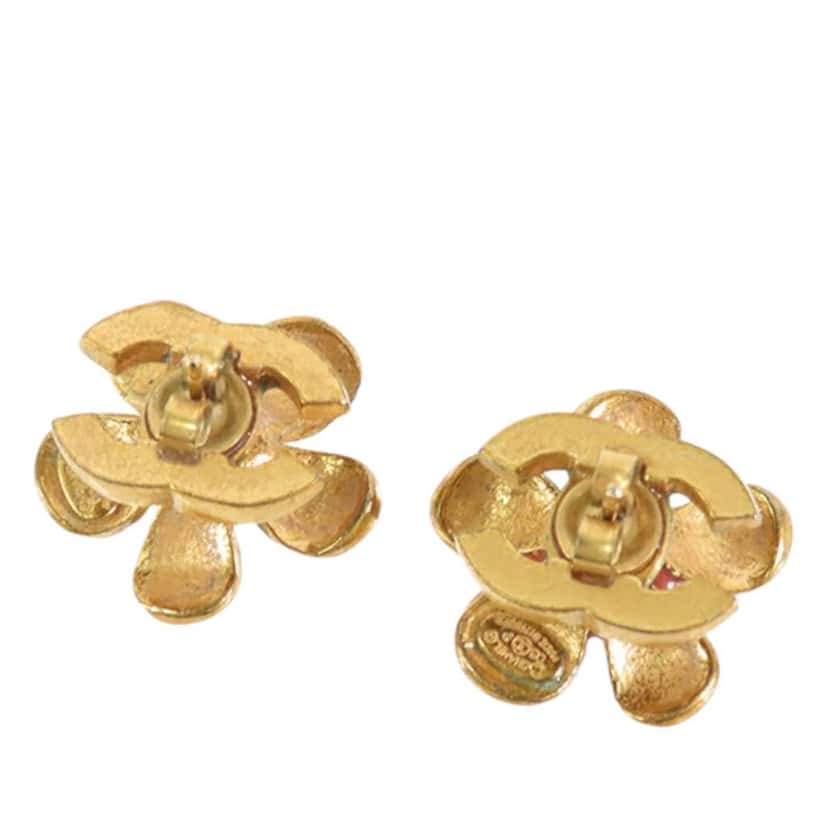 Chanel Gold Plated Resin CC Flower Push Back Earrings Orange Good condition - Back View