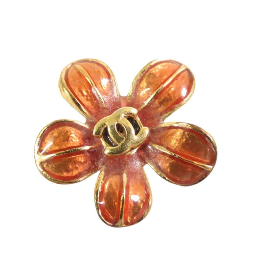 Chanel Gold Plated Resin CC Flower Push Back Earrings Orange Good condition - Inside View