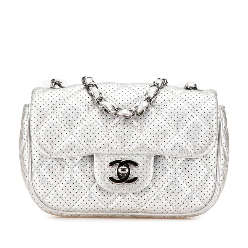 Chanel Mini Perforated Lambskin Punch Flap Silver Leather Very good condition - Front View