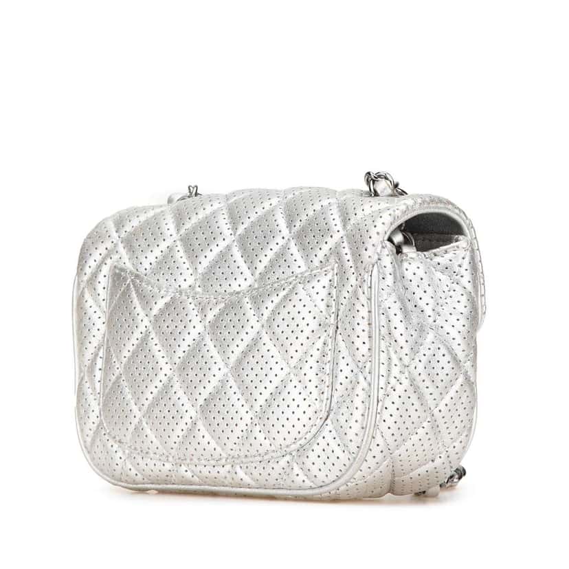 Chanel Mini Perforated Lambskin Punch Flap Silver Leather Very good condition - Back View