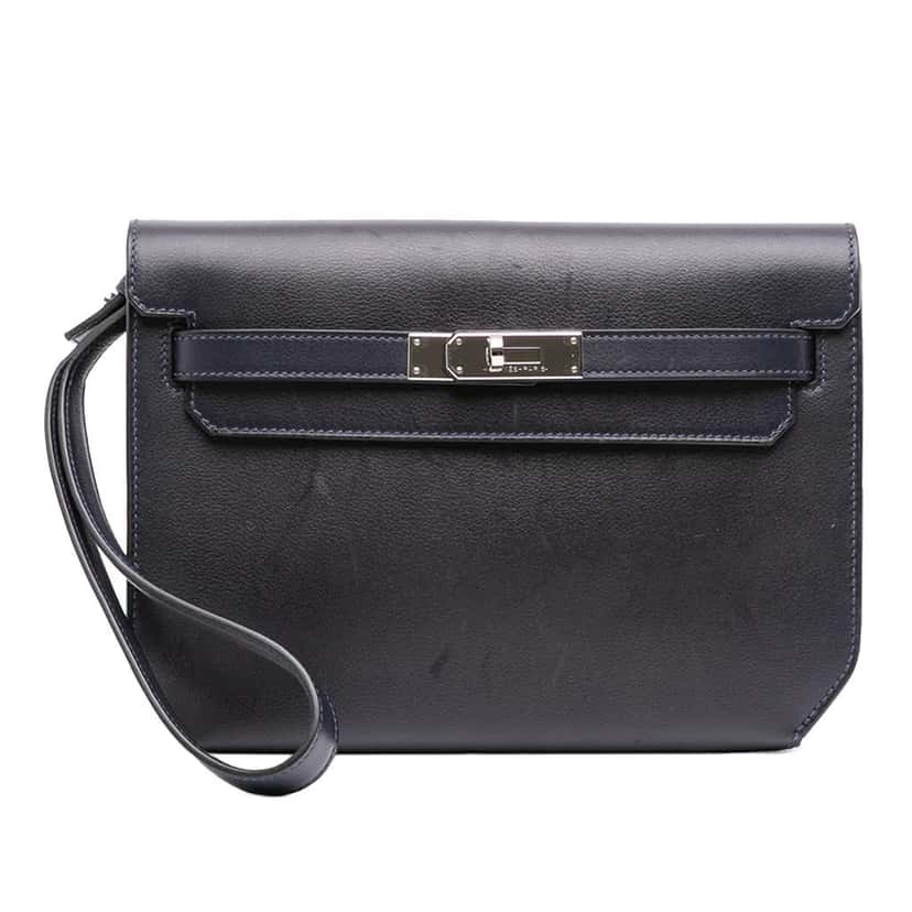 Hermès Evergrain Kelly Depeches Pouch 25 Blue Leather Good condition - Front View