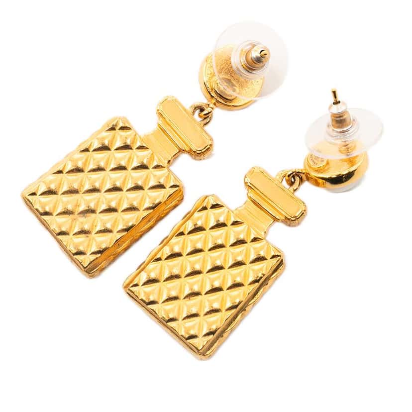 Chanel Gold Plated Faux Pearl and Strass CC Perfume Bottle Drop Earrings Gold Metal Good condition - Back View