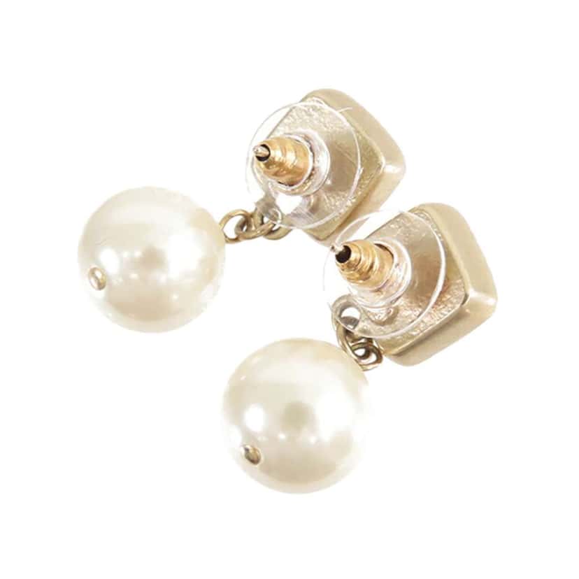 Chanel Gold Plated Enamel Faux Pearl Drop Earrings Gold Metal Good condition - Back View
